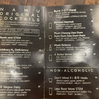 Namu Distilling - Drink menu - Cocktail Bars Near Me - Boston, Massachusetts