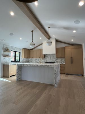 Downey Way, Hillsborough. - This project consisted of Window and Door install. Along with all finish work including Base, Trim, Cabinetry, Floating Shelves, Oak Beams, Beadboard and Hardware install.