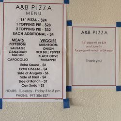 A&B Pizza - Menu as of 6/2/26. Realized too late you have to order on line the day before