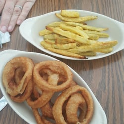 Garden Cafe - Dill pickle fries top. Onion rings bottom. Both delicous.