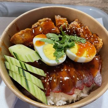 Thai Super Bowl - Red Pork and Crispy Pork over rice - Thai Near Me - Orlando, Florida Thai Super Bowl - Red Pork and Crispy Pork over rice - Thai Near Me - Orlando, Florida