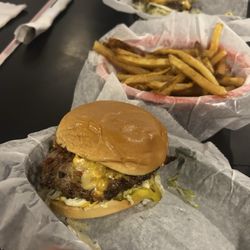Ron's Hamburgers & Chili - Ron's burger, fries and reg cheese burger.