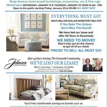 Johnson Interiors & More - After 43 years, Johnson Furniture & Interiors is closing its doors in Oceanside! - Interior Design Near Me - San Marcos, California Johnson Interiors & More - After 43 years, Johnson Furniture & Interiors is closing its doors in Oceanside! - Interior Design Near Me - San Marcos, California