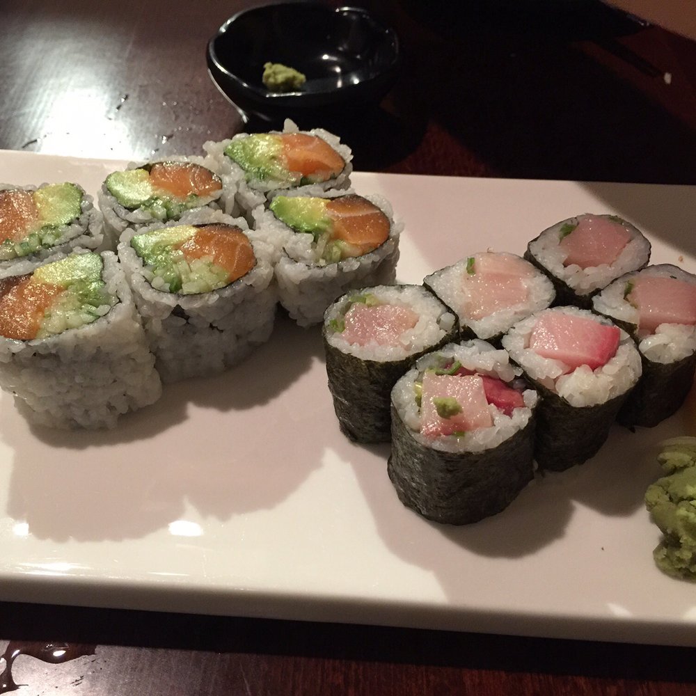 OGinger - L: Alaskan roll (salmon, avacado, cucumber) R: yellowtail scallion roll. Both solid with fresh, pretty generous portioned fish - Sushi Bars Near Me - Somerville, Massachusetts OGinger - L: Alaskan roll (salmon, avacado, cucumber) R: yellowtail scallion roll. Both solid with fresh, pretty generous portioned fish - Sushi Bars Near Me - Somerville, Massachusetts