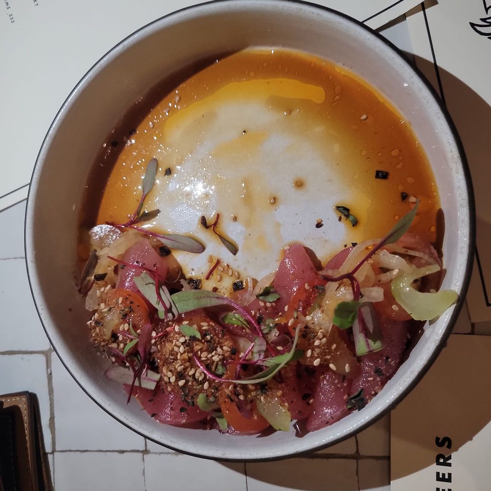 Vestal Restaurant - 1. Crudo: Tuna, ponzu, fennel,  oregano, smoked chilli,  szechuan. $17. - Cocktail Bars Near Me - Lafayette, Louisiana