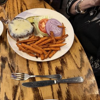 The Main Event - Burger with Swiss cheese and sweet potato fries! - American Near Me - Farmingdale, New York The Main Event - Burger with Swiss cheese and sweet potato fries! - American Near Me - Farmingdale, New York