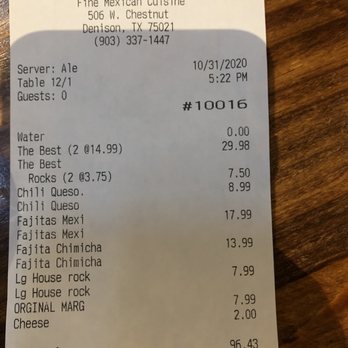 Rustico Restaurant - Receipt - Mexican Near Me - Denison, Texas