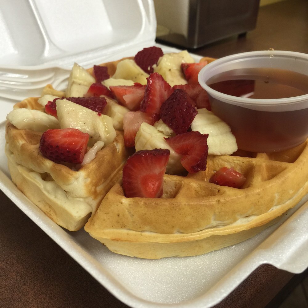 Appu's Cafe - Vegan waffles with bananas and strawberries on top :3 - Vegan Near Me - Long Beach, California