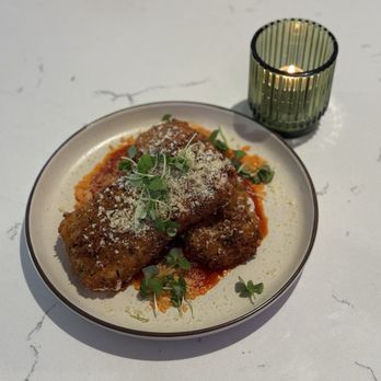 Warehouse 72 - Starter: House-Made Mozzarella Hand stretched fried mozzarella, marinara, Parmesan - American Near Me - Irvine, California