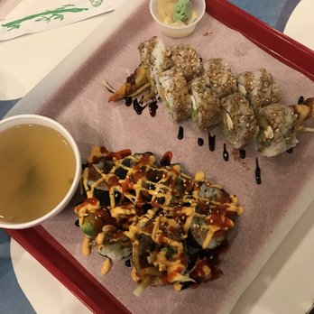Sushi Roller - Miso soup, green chile roll, and shrimp tempura roll (we added cream cheese). - Sushi Bars Near Me - Albuquerque, New Mexico