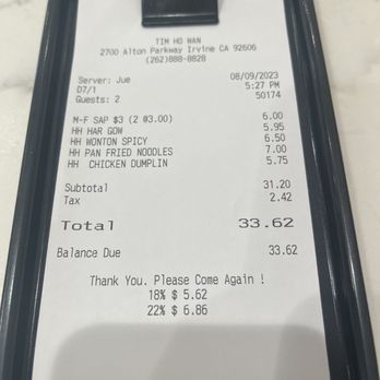 Tim Ho Wan - Happy hour bill - Dim Sum Near Me - Irvine, California