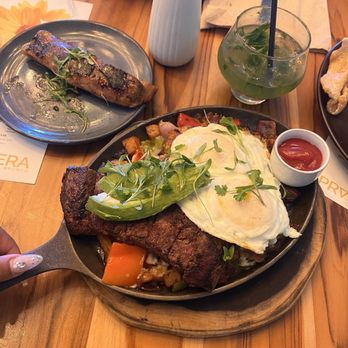 Pradera Brunch - 7oz Flat Iron Steak Skillet, pork belly, Cucumber Breeze Mojito - Breakfast & Brunch Near Me - Costa Mesa, California
