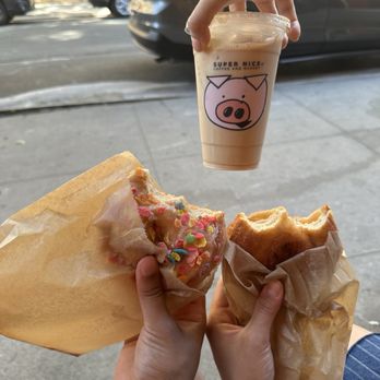 Super Nice Coffee and Bakery - Fruity pebble donut, cinnamon sugar donuts. Iced latte. - Coffee & Tea Near Me - New York, New York Super Nice Coffee and Bakery - Fruity pebble donut, cinnamon sugar donuts. Iced latte. - Coffee & Tea Near Me - New York, New York