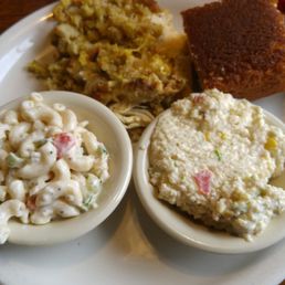 Chicken casserole special, macaroni salad, and cornbread salad. Chicken casserole special, macaroni salad, and cornbread salad.