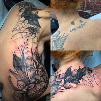 StayOnPoint Tattoo Studio - Black and Grey spider and floral Coverup tattoo Artwork by Dboi - Tattoo Near Me - Astoria, New York StayOnPoint Tattoo Studio - Black and Grey spider and floral Coverup tattoo Artwork by Dboi - Tattoo Near Me - Astoria, New York