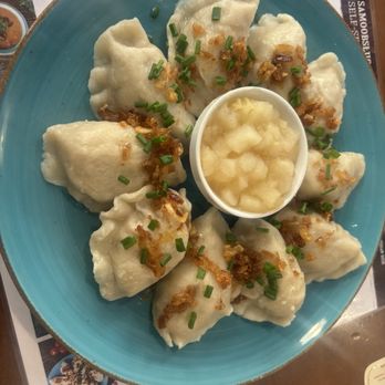 Pierogarnia Krakowiacy - My plate of delicious ( duck) dumplings with chunky applesauce - Pierogis Near Me - Kraków, Massachusetts Pierogarnia Krakowiacy - My plate of delicious ( duck) dumplings with chunky applesauce - Pierogis Near Me - Kraków, Massachusetts