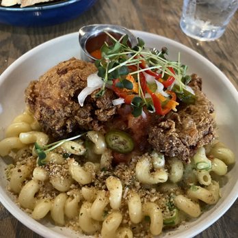 Gather - Deboned Fried Chicken Thighs with 3 Cheese Mornay, Cavatappi Noodles, House Hot Sauce, Heirloom Tomato Jam, Texas Pickles - New American Near Me - Omaha, Nebraska Gather - Deboned Fried Chicken Thighs with 3 Cheese Mornay, Cavatappi Noodles, House Hot Sauce, Heirloom Tomato Jam, Texas Pickles - New American Near Me - Omaha, Nebraska