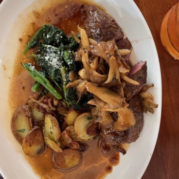 Summit House - Steak with mushrooms, potatoes and broccoli rabe.   OMG amazing. - New American Near Me - Summit, New Jersey
