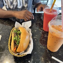 Pho Zen - Beef banh mi, strawberry smoothie, Thai tea