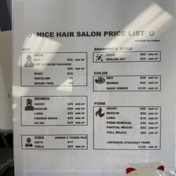 Nice Hair Salon - Price list as of May 2026.