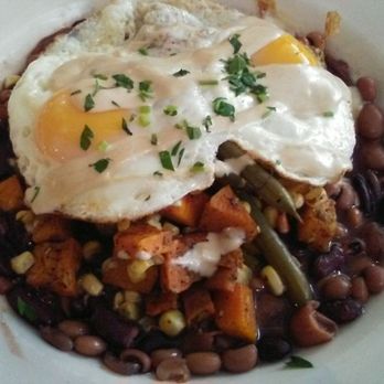The Beehive - Brunch bowl $16.5 (fried eggs, sweet potato, squash, pickled green beans, beans, corn) - American Near Me - Boston, Massachusetts
