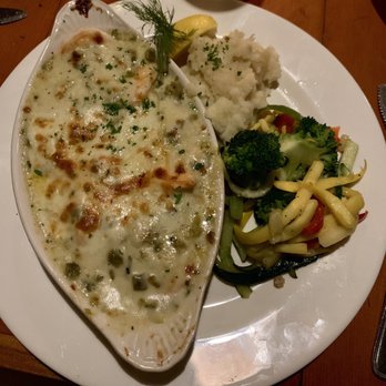 The Cork Tucson - Green Chile shrimp with garlic mashed potatoes and vegetables - Steakhouses Near Me - Tucson, Arizona