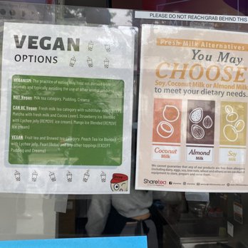 Sharetea - Vegan options sign and milk options - Bubble Tea Near Me - Santa Monica, California