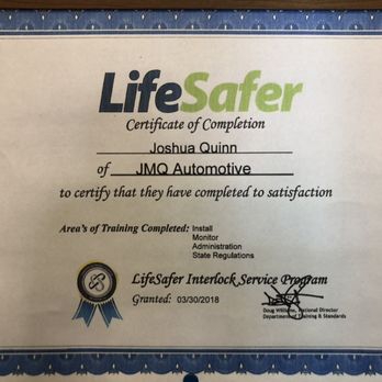 Lifesafer Interlock - Certificate - Interlock Systems Near Me - West Chester, Pennsylvania Lifesafer Interlock - Certificate - Interlock Systems Near Me - West Chester, Pennsylvania