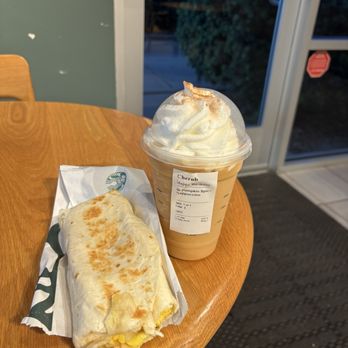Starbucks - Bacon, Sausage & Egg Wrap Pumpkin Spice Frappuccino Blended Beverage - Coffee & Tea Near Me - Colton, California Starbucks - Bacon, Sausage & Egg Wrap Pumpkin Spice Frappuccino Blended Beverage - Coffee & Tea Near Me - Colton, California