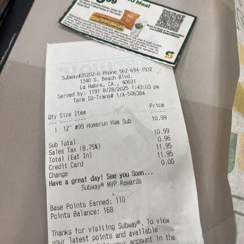 Subway - Coupon & receipt - Sandwiches Near Me - La Habra, California Subway - Coupon & receipt - Sandwiches Near Me - La Habra, California