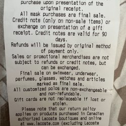 Lacoste Boutique Sherway - Return policy on receipt.