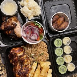 Chicken Rico - Half chicken dinner with chicken fried rice and yucca fries; Quarter chicken with salad, mashed potatoes, gravy and plantains.