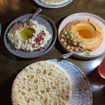 Mezze#1 - Baba Ghanouj and Huumus with bread - Middle Eastern Near Me - Conroe, Texas