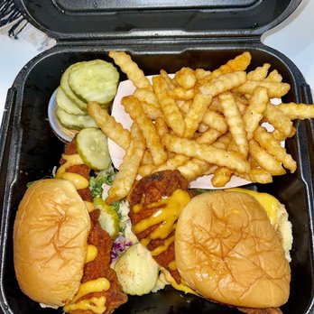 Dave's Hot Chicken - #2 Meal - 2 Sliders "Lite Mild" added Cheese with Fries - Chicken Shop Near Me - Menifee, California Dave's Hot Chicken - #2 Meal - 2 Sliders "Lite Mild" added Cheese with Fries - Chicken Shop Near Me - Menifee, California
