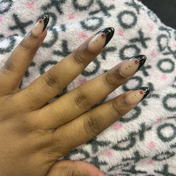 Bella Nails & Spa - Acrylic nail set with red jewels and gold details - Skin Care Near Me - Riverside, California
