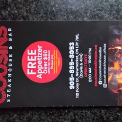 Cousins Steak House & BAR - TAKEOUT MENU 2025
