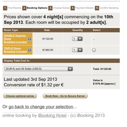 Screenshot of the hotel's own website that shows the IDENTICAL price for a one-person reservation versus a two-person