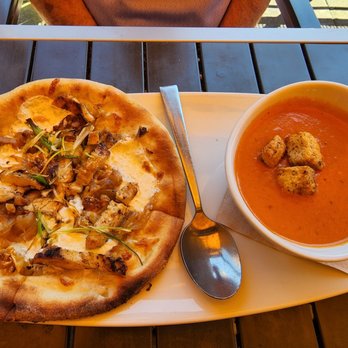 California Pizza Kitchen - My friend's garlic chicken pizza with tomato soup. - Pizza Near Me - Portland, Oregon California Pizza Kitchen - My friend's garlic chicken pizza with tomato soup. - Pizza Near Me - Portland, Oregon