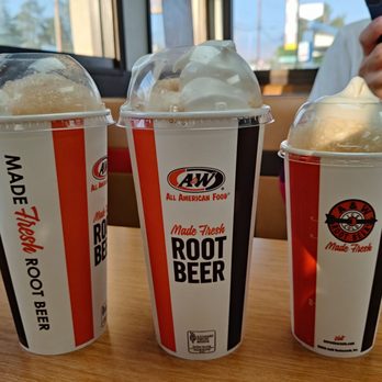 A&W Restaurant - three cups of root beer - Burgers Near Me - Mentone, California