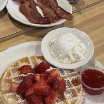 The Original Pancake House - Strawberry Waffle with fresh strawberries and cream. - Breakfast & Brunch Near Me - Alpharetta, Georgia The Original Pancake House - Strawberry Waffle with fresh strawberries and cream. - Breakfast & Brunch Near Me - Alpharetta, Georgia