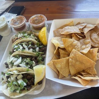 Burger Blvd - Carne Asada Tacos and Chips with Salsa on the side. - Burgers Near Me - Redlands, California