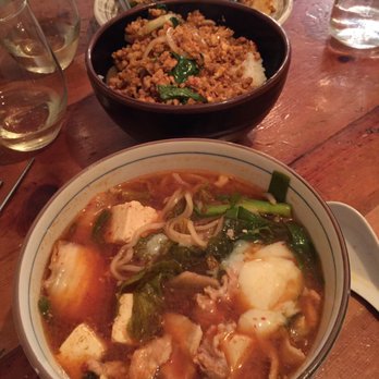 Long Grain - "Ramen" kimchi, pork belly, noodles and egg. Minced chicken. Pad Me Kao. All very good. - Asian Fusion Near Me - Camden, Maine Long Grain - "Ramen" kimchi, pork belly, noodles and egg. Minced chicken. Pad Me Kao. All very good. - Asian Fusion Near Me - Camden, Maine