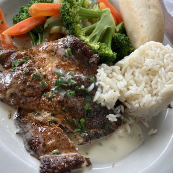 Grouper & Chips - Blackened grouper, delicious rice, fresh vegetables and a roll - Seafood Near Me - Naples, Florida