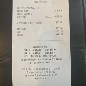 Kim Son - Receipt - Vietnamese Near Me - Houston, Texas Kim Son - Receipt - Vietnamese Near Me - Houston, Texas