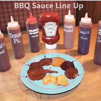 Famous Daves - All six barbecue sauce choices and ketchup - Barbeque Near Me - Long Beach, California
