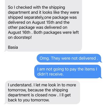 Neiman Marcus - Text messages - A text exchange discussing the non-delivery of packages ordered from Neiman's Oak Brook, with concerns about receipt and delivery dates. - Shoe Stores Near Me - Oak Brook, Illinois