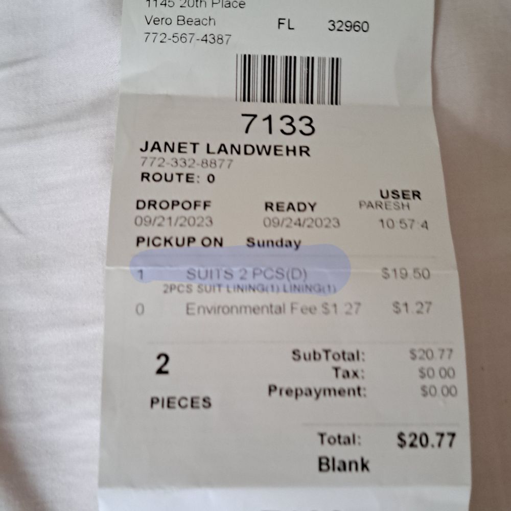 Receipt from 60 Minute DRY Cleaners Stating Pick Up Sunday when they ARE NOT open. Receipt from 60 Minute DRY Cleaners Stating Pick Up Sunday when they ARE NOT open.