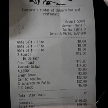 Chino Grande - Thursday night receipt - Karaoke Near Me - Brooklyn, New York