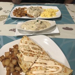 Country fried chicken, biscuits & gravy and breakfast quesadilla