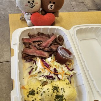 Aina Grill - Sirloin steak, thinly sliced, with famous Guava BBQ sauce, and delicious coleslaw plus cheesy baby potatoes... yummy! - American Near Me - Waipahu, Hawaii